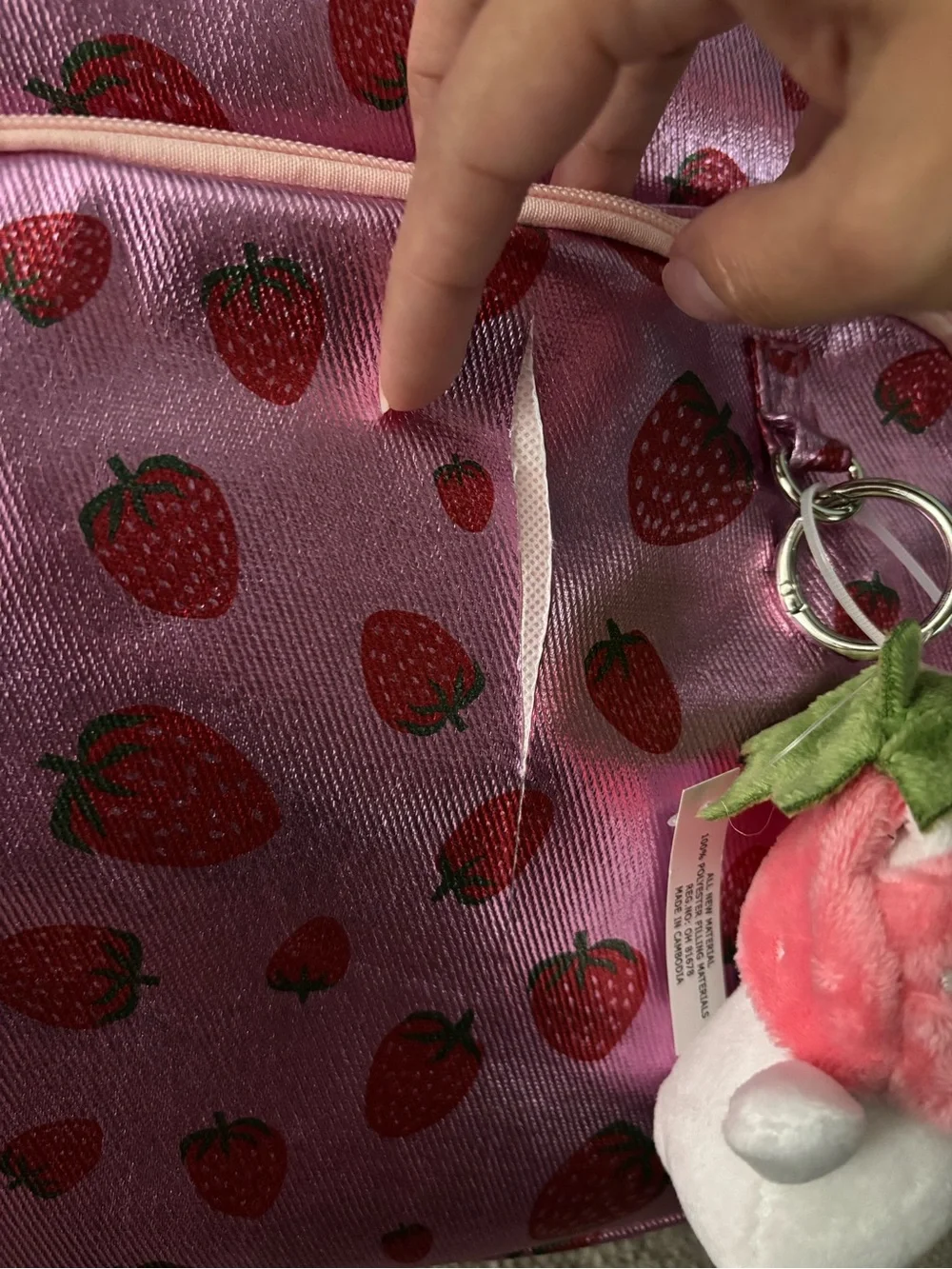 Madden Girl Kids Pink Strawberry Print Backpack with Plush Keychain